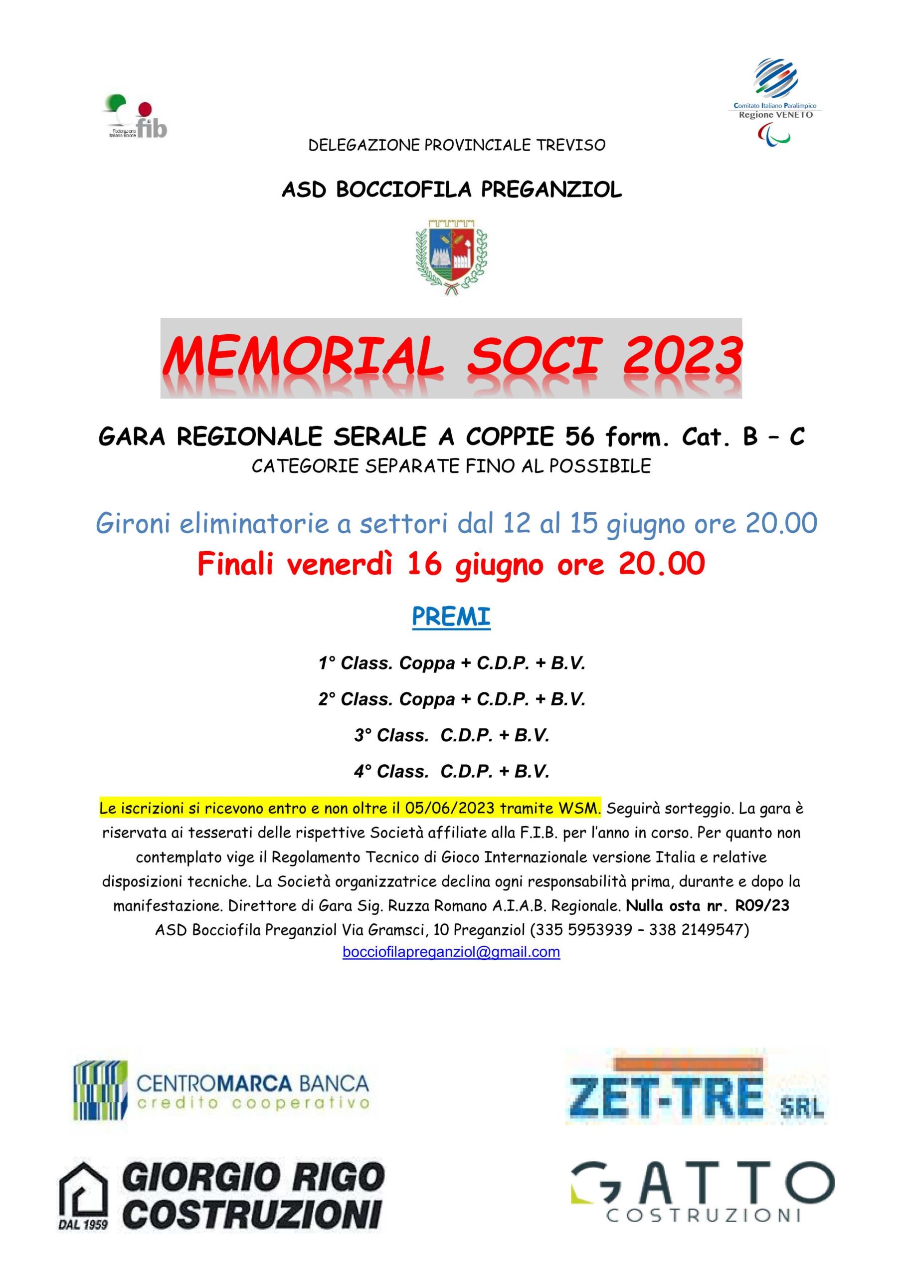Bocciofila Preganziol Memorial Soci Venerdì 16 Giugno 2023